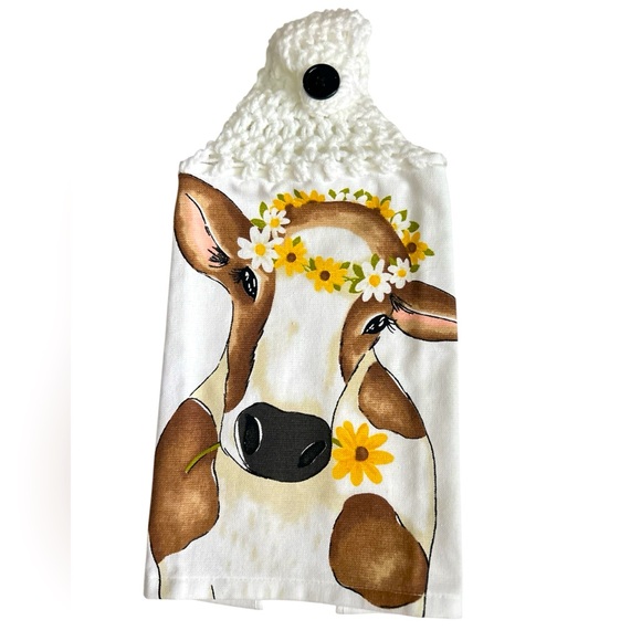Hand Crafted Other - Hand Crafted Colorful Cow Print Hanging Hand Towel Crochet Top Button Closure